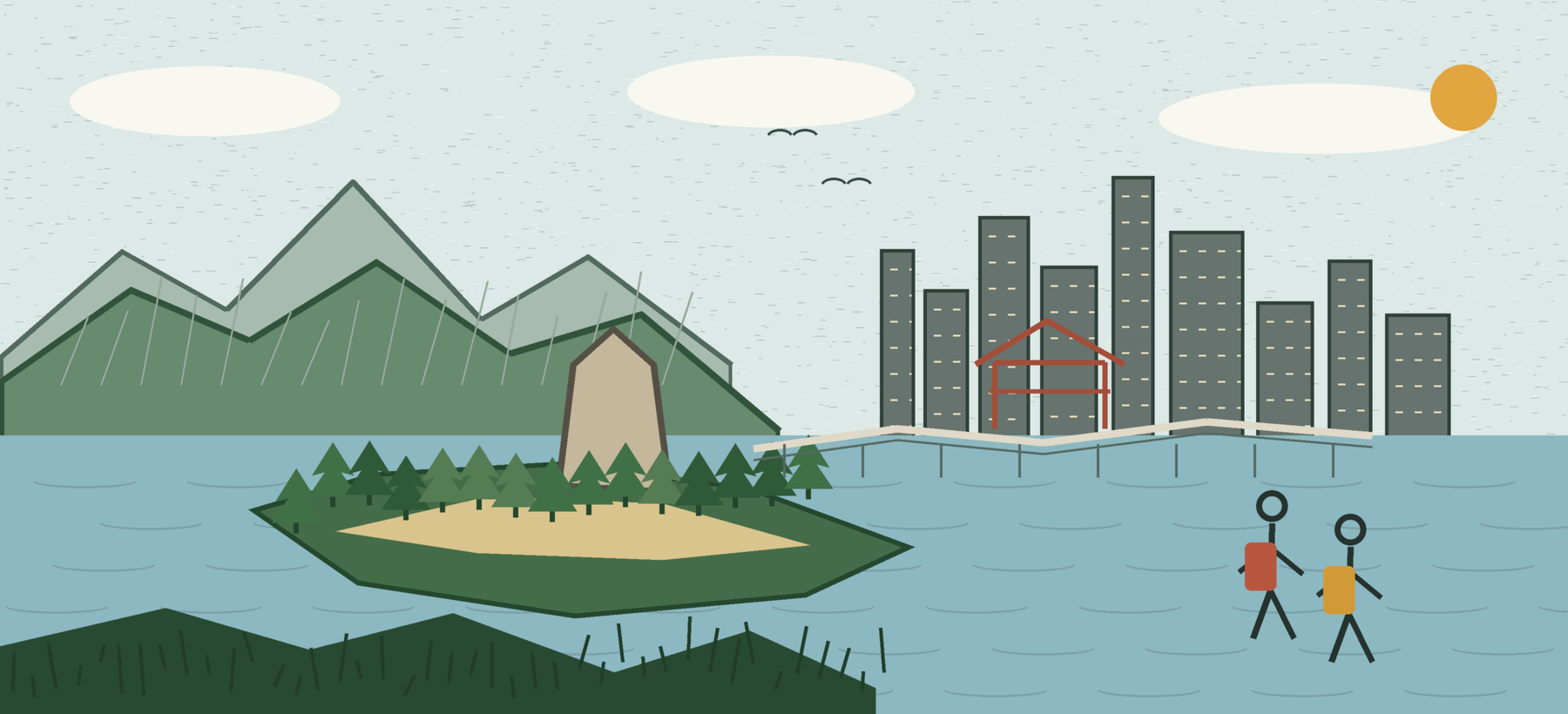 湘江、橘子洲、岳麓山和长沙城市风景插画